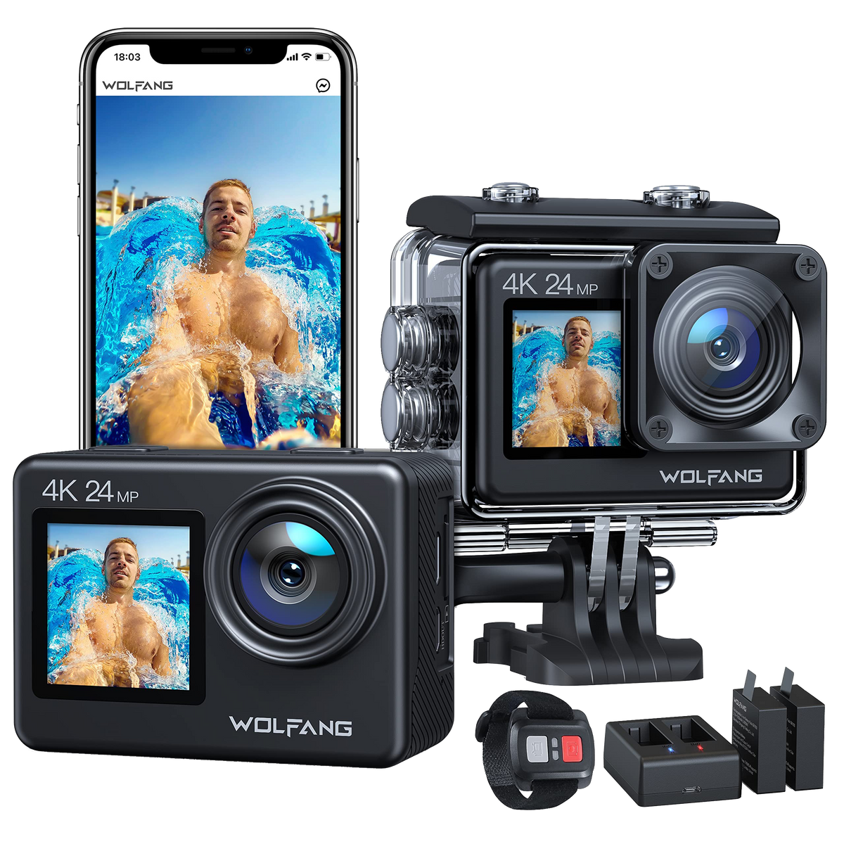 WOLFANG Action Camera 24MP 4K 40M Waterproof, EIS WiFi Adjustable Wide ...